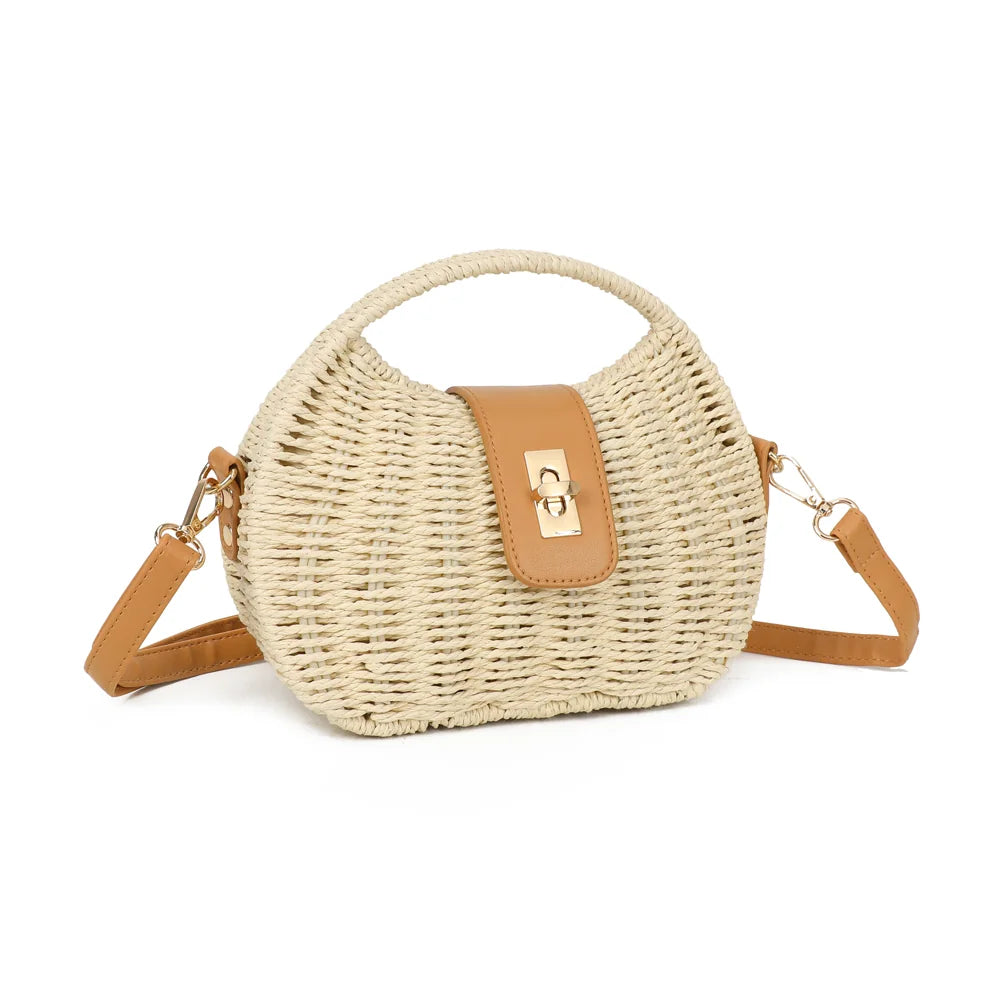Palma beige vu de trois quarts : forme arrondie en paille tressée et anse rigide assortie – réf. BL-31004