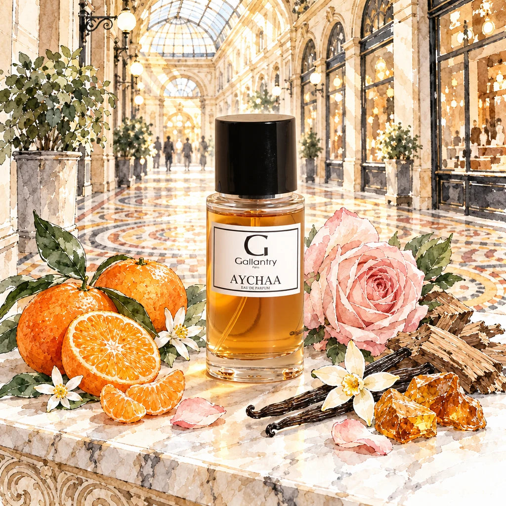 Flacon Aychaa entouré de mandarines, roses, vanille, bois secs et ambre, Galerie Vivienne, illustration créée avec l'IA