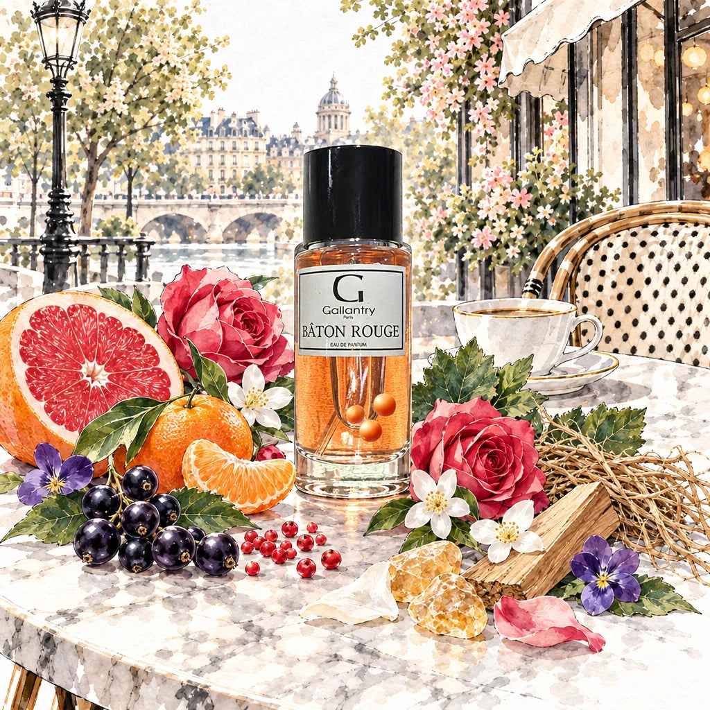 Bâton Rouge, eau de parfum Gallantry, sur une terrasse de Saint-Germain-des-Prés, illustration créée avec l'IA