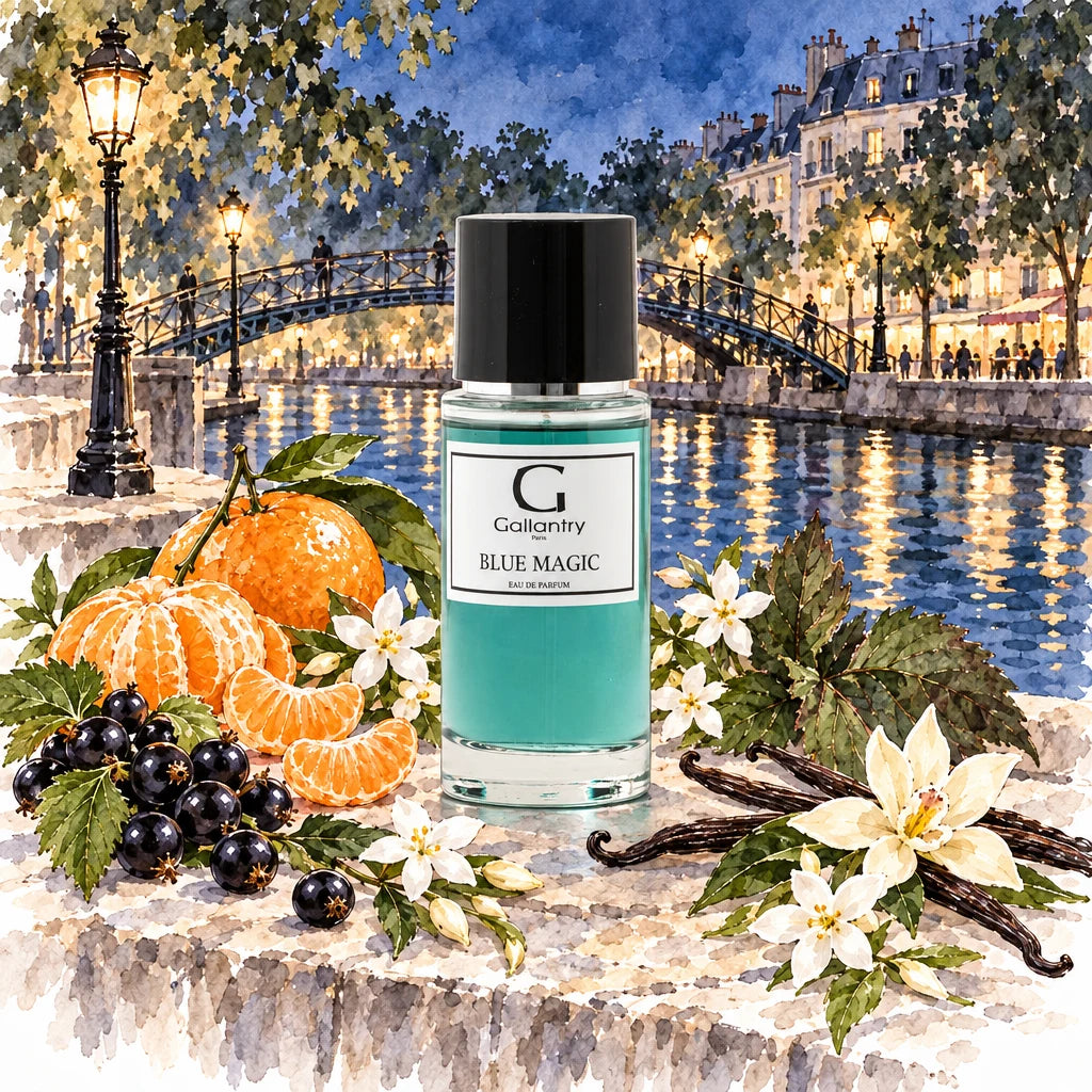 Flacon Blue Magic entouré de mandarines, cassis, jasmin et vanille sur le Canal Saint-Martin, illustration créée avec l'IA