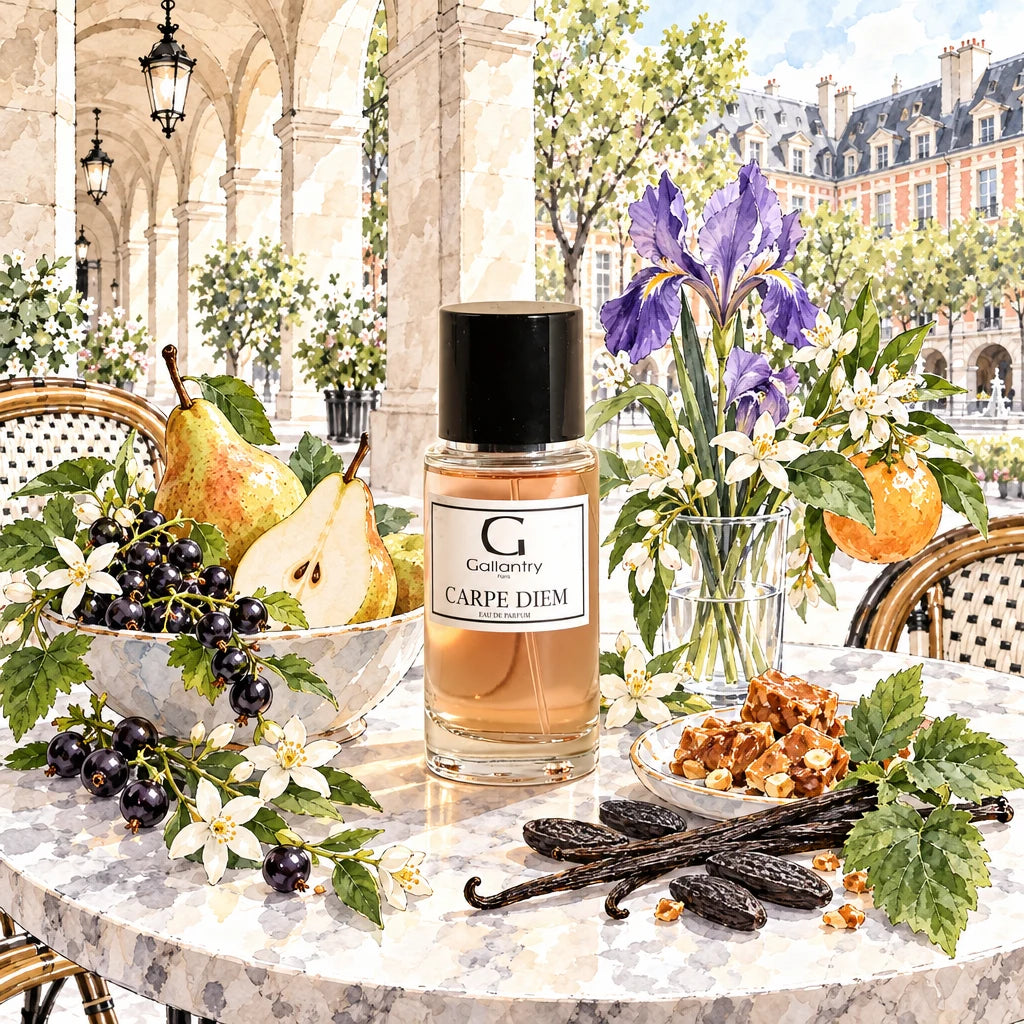 Flacon Carpe Diem sous les arcades de la Place des Vosges, entouré de poire, iris et jasmin, illustration créée avec l'IA