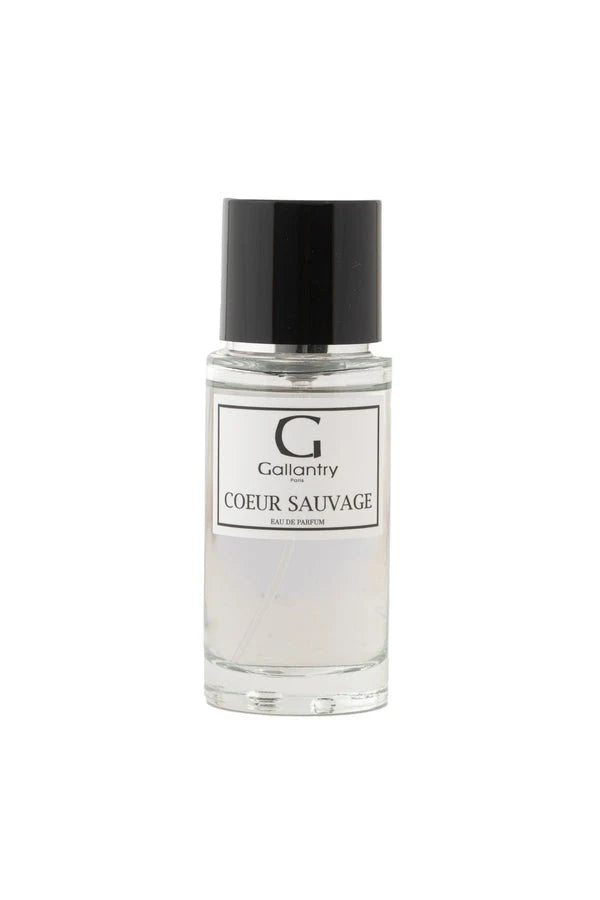 Flacon vaporisateur en verre de 50 ml de l'eau de parfum Cœur Sauvage de Gallantry Paris, bouchon noir