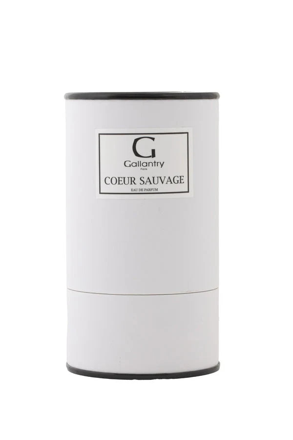 Eau de parfum Cœur Sauvage de Gallantry Paris : flacon de 50 ml à bouchon noir posé devant sa boîte