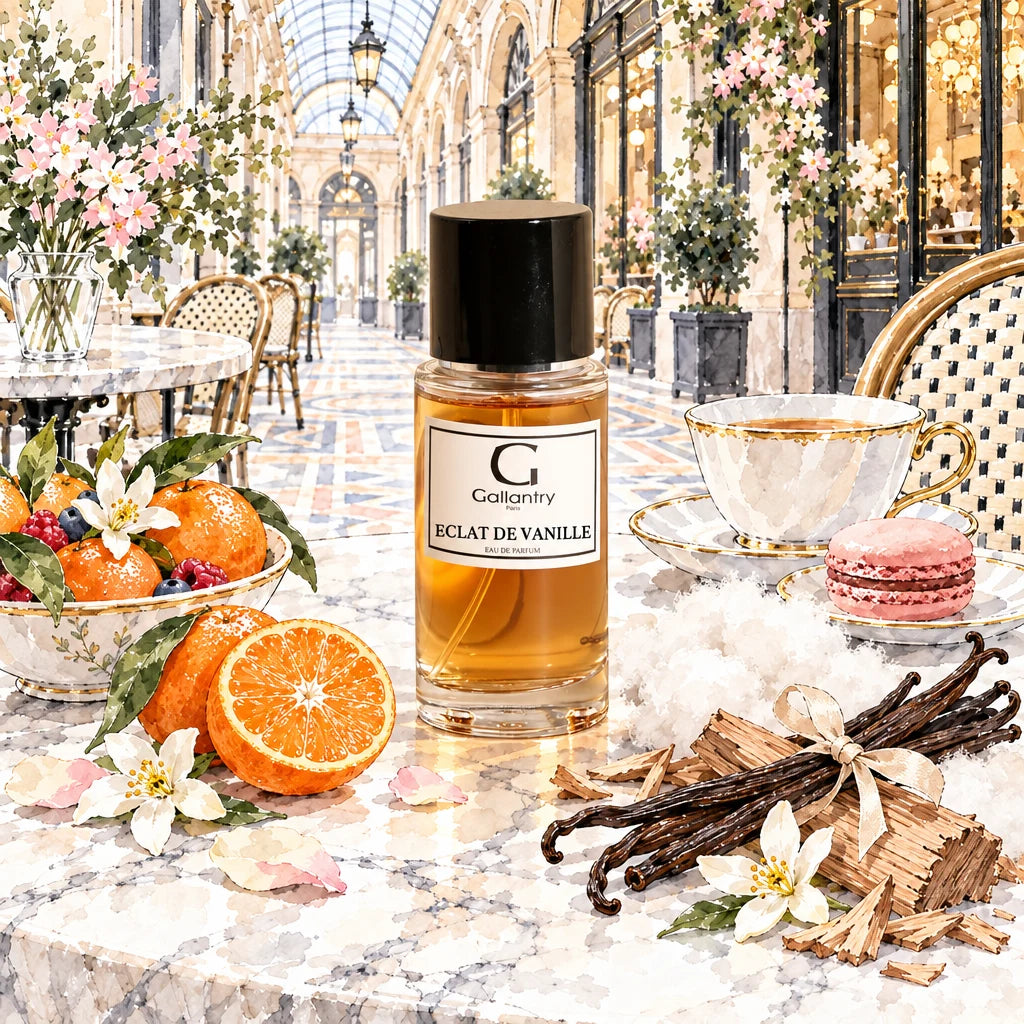 Éclat de Vanille, eau de parfum Gallantry, illustration créée avec l'IA : flacon au salon de thé Galerie Vivienne