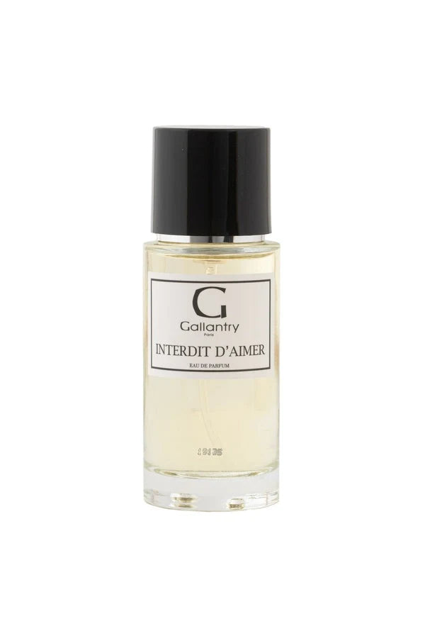 Flacon en verre de 50 ml de l'eau de parfum Interdit d'Aimer de Gallantry Paris, avec bouchon noir