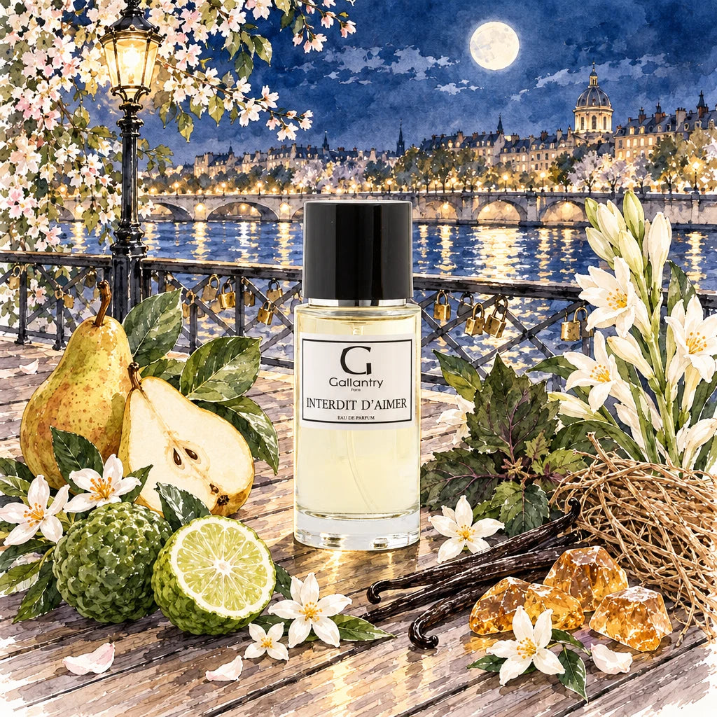 Flacon Interdit d'Aimer sur le Pont des Arts au clair de lune, entouré de fleurs blanches et poires, illustration créée avec l'IA