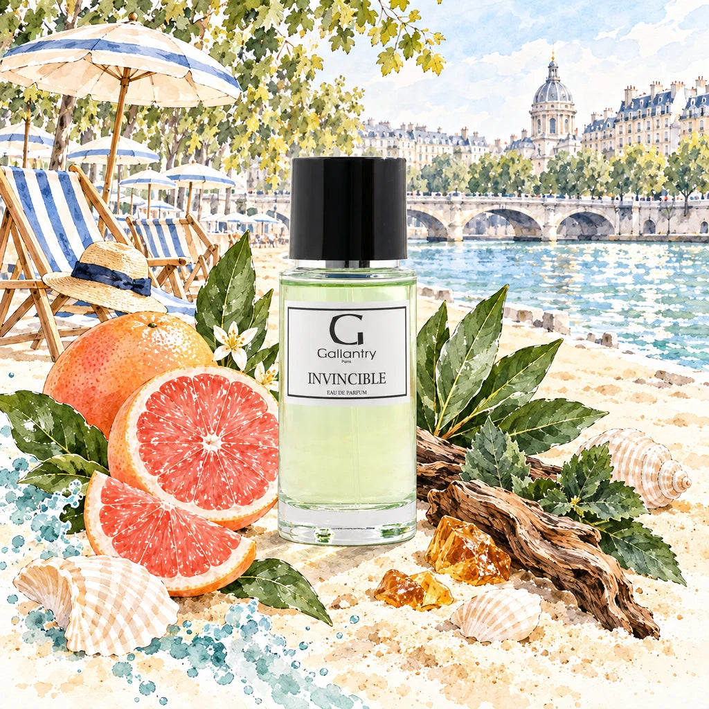 Flacon Invincible sur le sable des bords de Seine à Paris Plages, pamplemousse et laurier, illustration créée avec l'IA