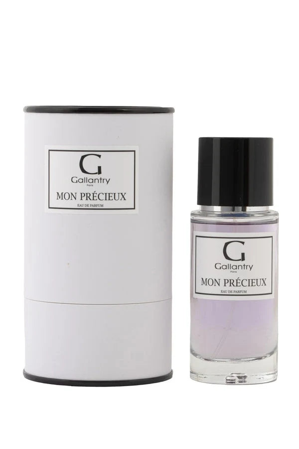 Eau de parfum Mon Précieux de Gallantry Paris, flacon 50 ml à bouchon noir posé à côté de sa boîte