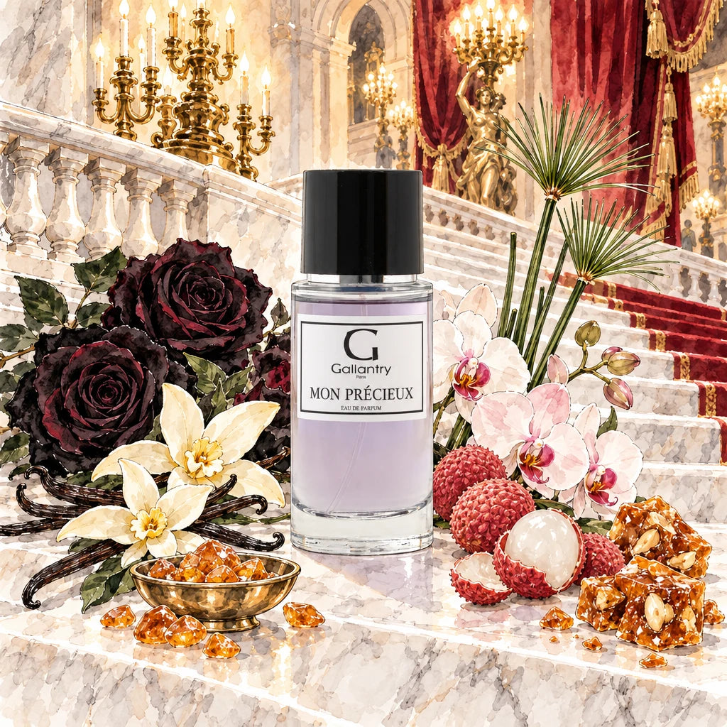 Flacon Mon Précieux sur le Grand escalier du Palais Garnier, roses noires, orchidées, litchis – illustration créée avec l'IA