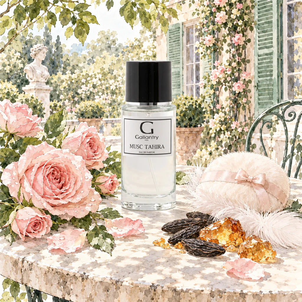 Flacon Musc Tahira entouré de roses, fève de Tonka et ambre dans un jardin parisien, illustration créée avec l'IA