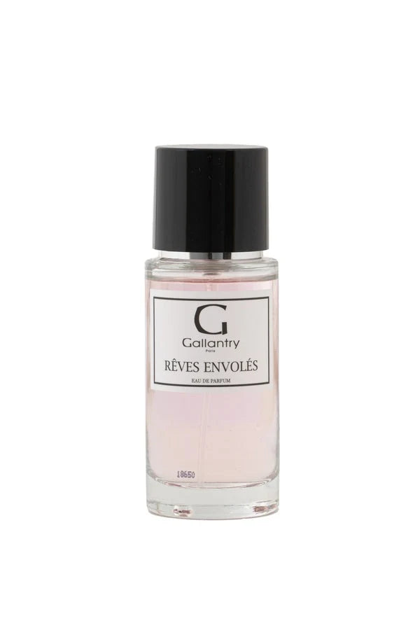 Flacon vaporisateur en verre de 50 ml de l'eau de parfum Rêves Envolés de Gallantry Paris, bouchon noir