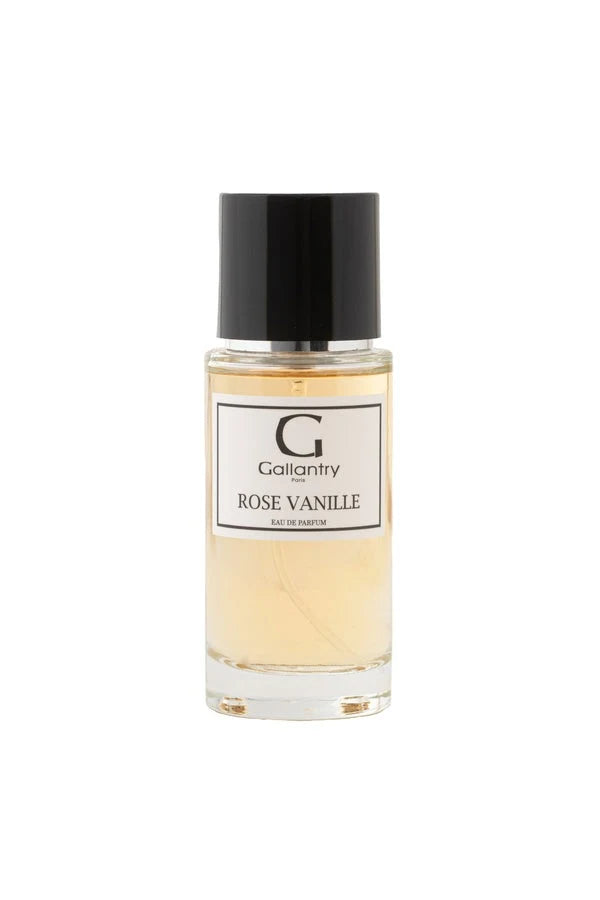 Flacon en verre de 50 ml à bouchon noir de l'eau de parfum Rose Vanille de Gallantry Paris