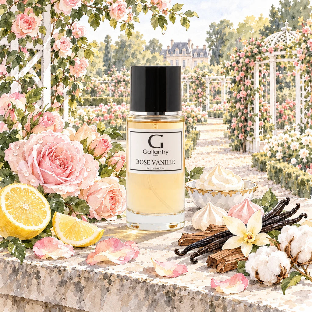 Rose Vanille parmi roses, citron, vanille et cèdre dans la roseraie de Bagatelle, illustration créée avec l'IA