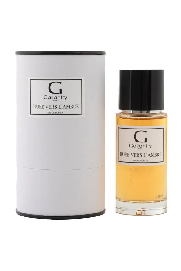 Flacon de l'eau de parfum Ruée vers l'Ambre posé à côté de sa boîte Gallantry Paris