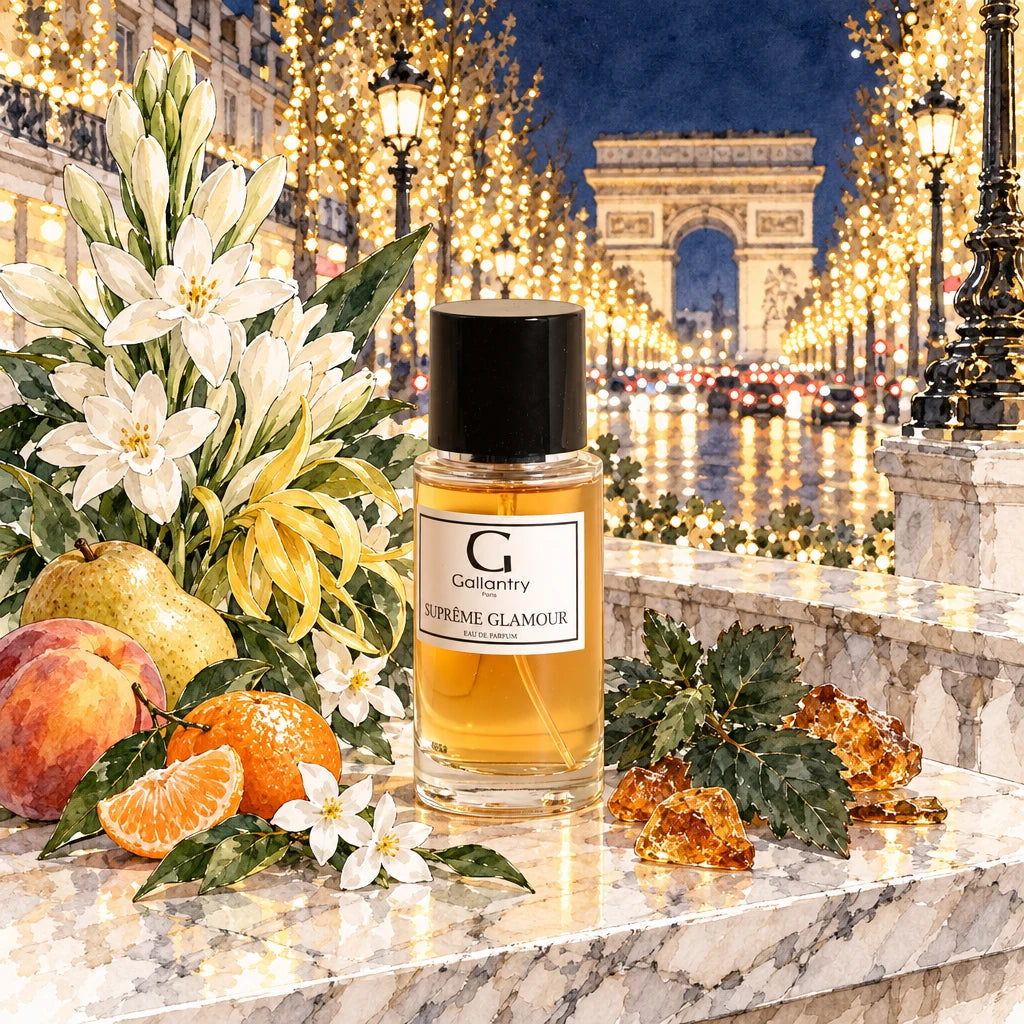 Flacon Suprême Glamour entouré de tubéreuse, jasmin et ambre, Champs-Élysées illuminés, illustration créée avec l'IA