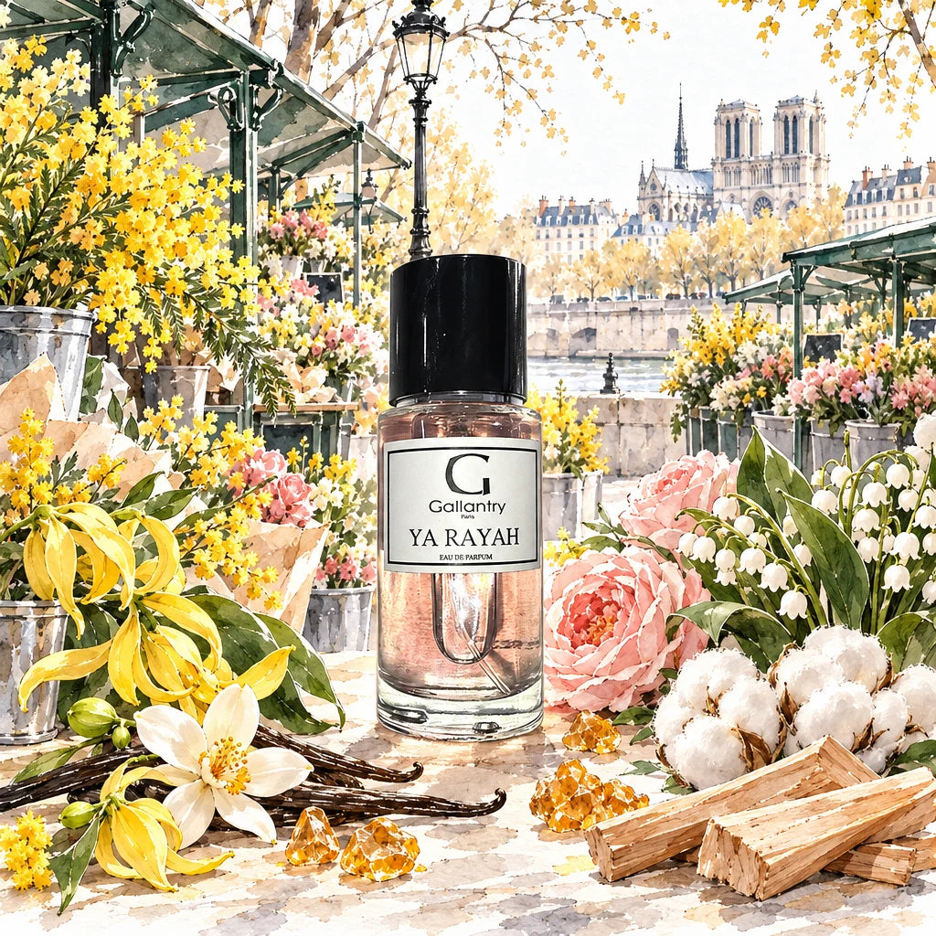 Eau de parfum Ya Rayah entourée de mimosa, rose et vanille au marché aux fleurs, illustration créée avec l'IA