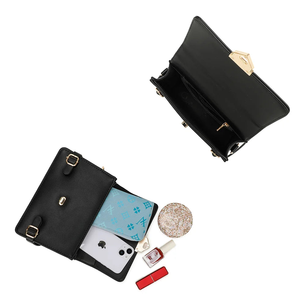 Intérieur du Petit Chic noir : compartiment principal avec poche, pour téléphone, portefeuille et rouge à lèvres – réf. C-0176-2