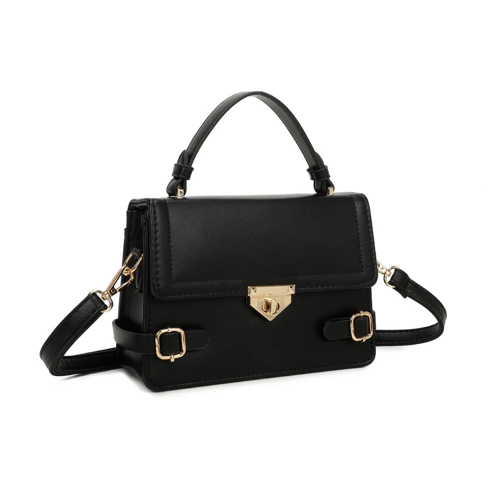 Petit Chic noir de trois quarts : silhouette structurée et pattes à boucles dorées qui enveloppent les côtés – réf. C-0176-2