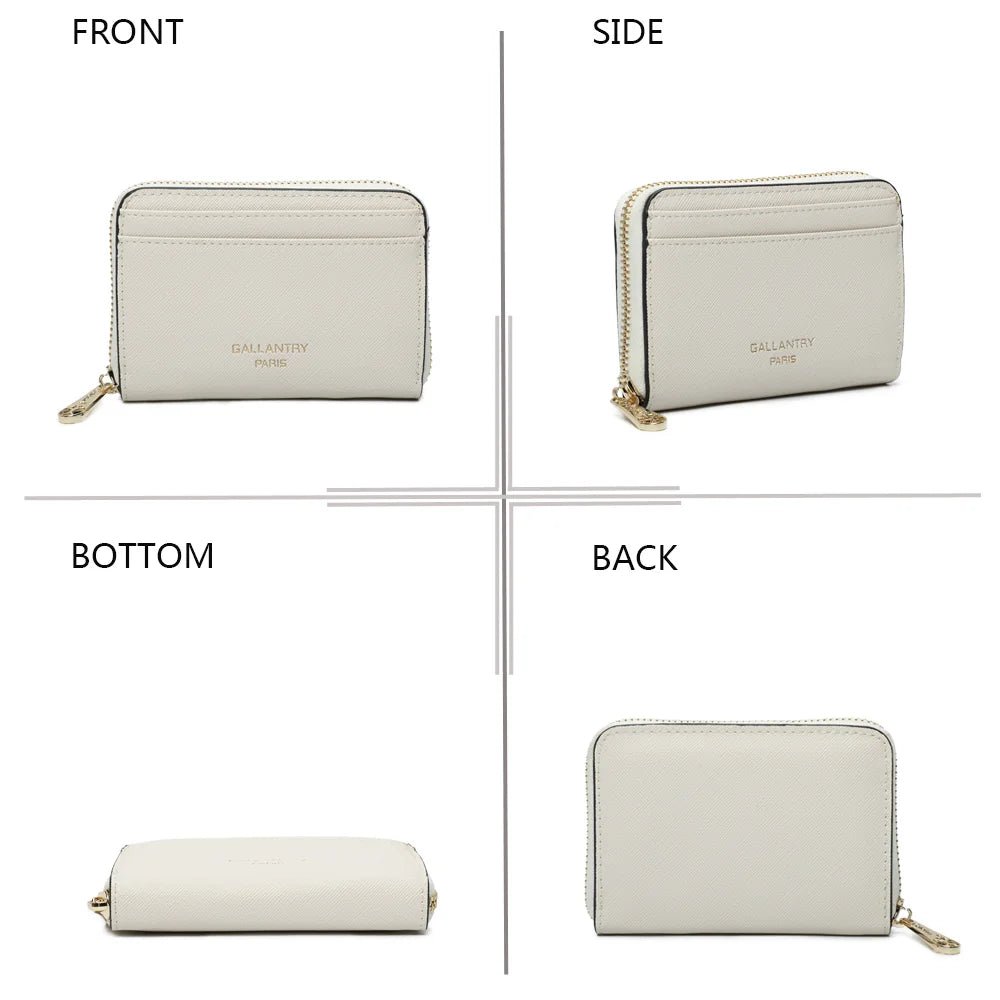 Le Petit Copain beige sous quatre angles : face, profil, dessous et dos du portefeuille zippé – réf. L-86009