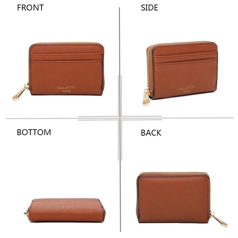 Le Petit Copain camel sous quatre angles : face, profil, dessous et dos du portefeuille zippé – réf. L-86009