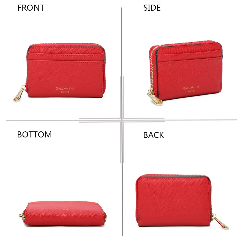 Le Petit Copain rouge sous quatre angles : face, profil, dessous et dos du portefeuille zippé – réf. L-86009