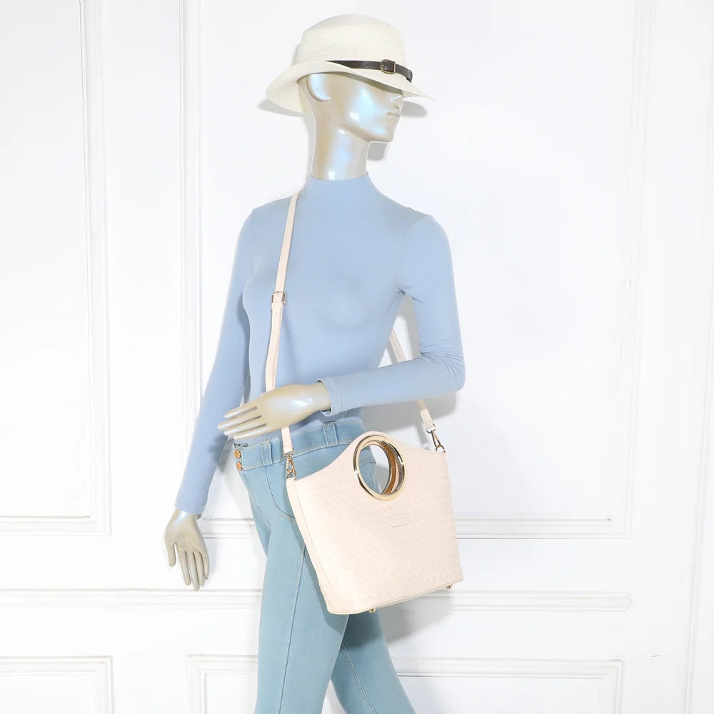 Sac à main femme Portofino beige porté, poignée anneau dorée ou bandoulière – réf. DG-5821