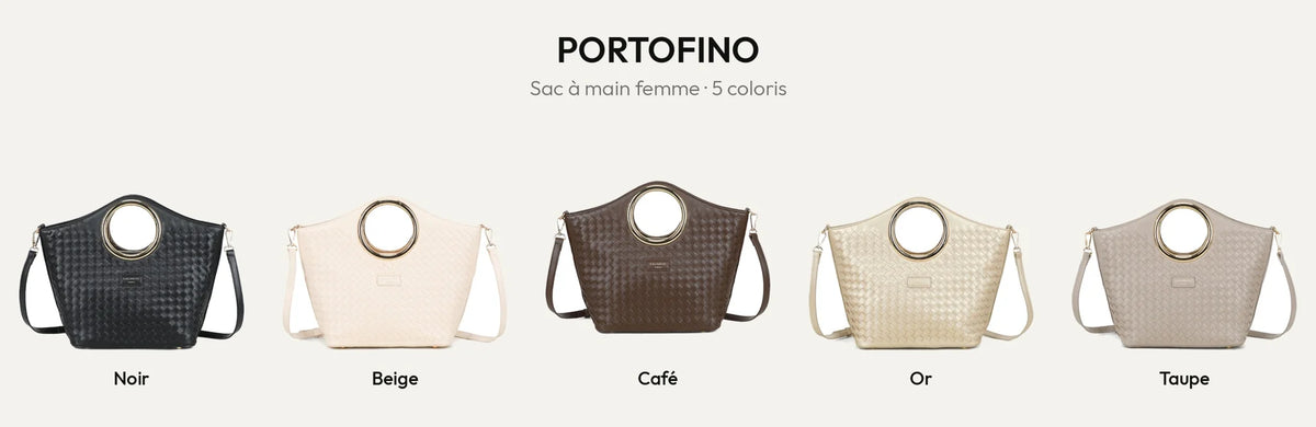 Sac à main Portofino tressé à poignée anneau dorée en 5 coloris : noir, beige, coffee, or et taupe – Gallantry Paris – réf. DG-5821