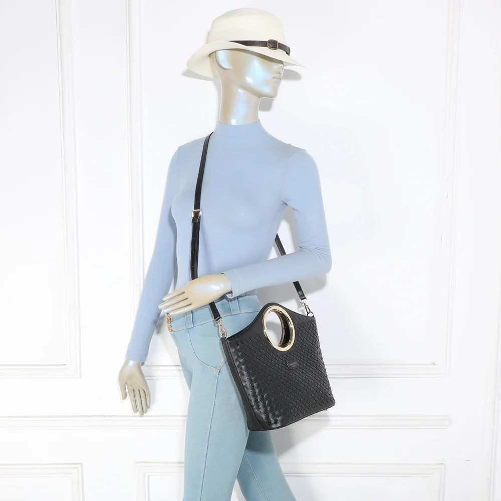 Sac à main femme Portofino noir porté, poignée anneau dorée ou bandoulière – réf. DG-5821