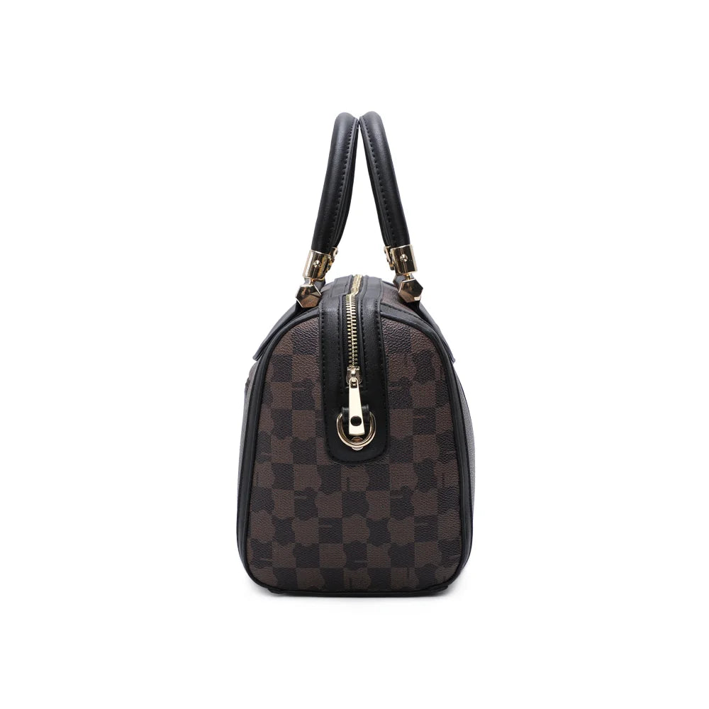 Profil du Prestige Damier marron/noir : fermeture zippée dorée et anneau de bandoulière à mousqueton – réf. M-9364-15