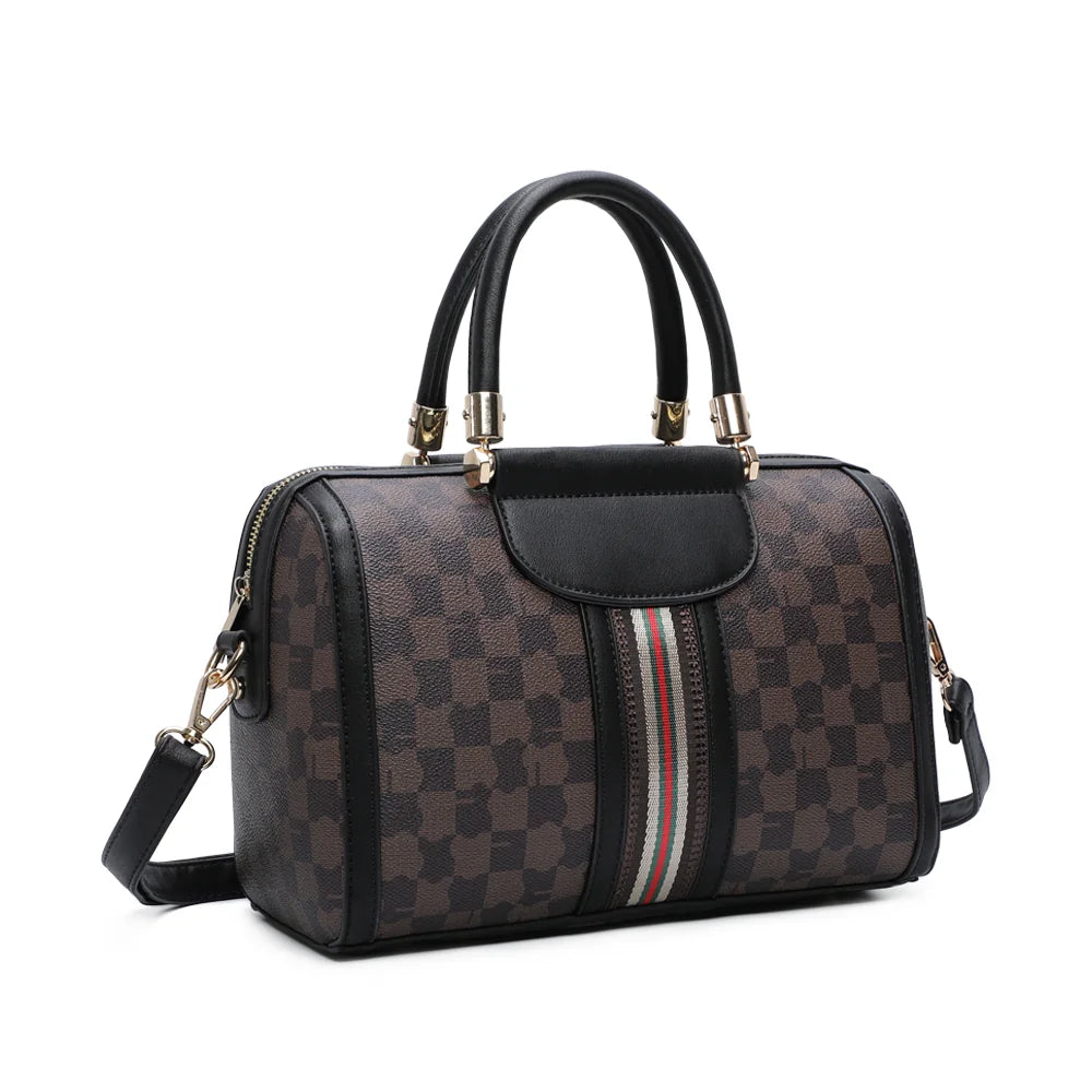 Prestige Damier marron/noir de trois quarts : forme bowling structurée, anses arrondies et attaches dorées – réf. M-9364-15
