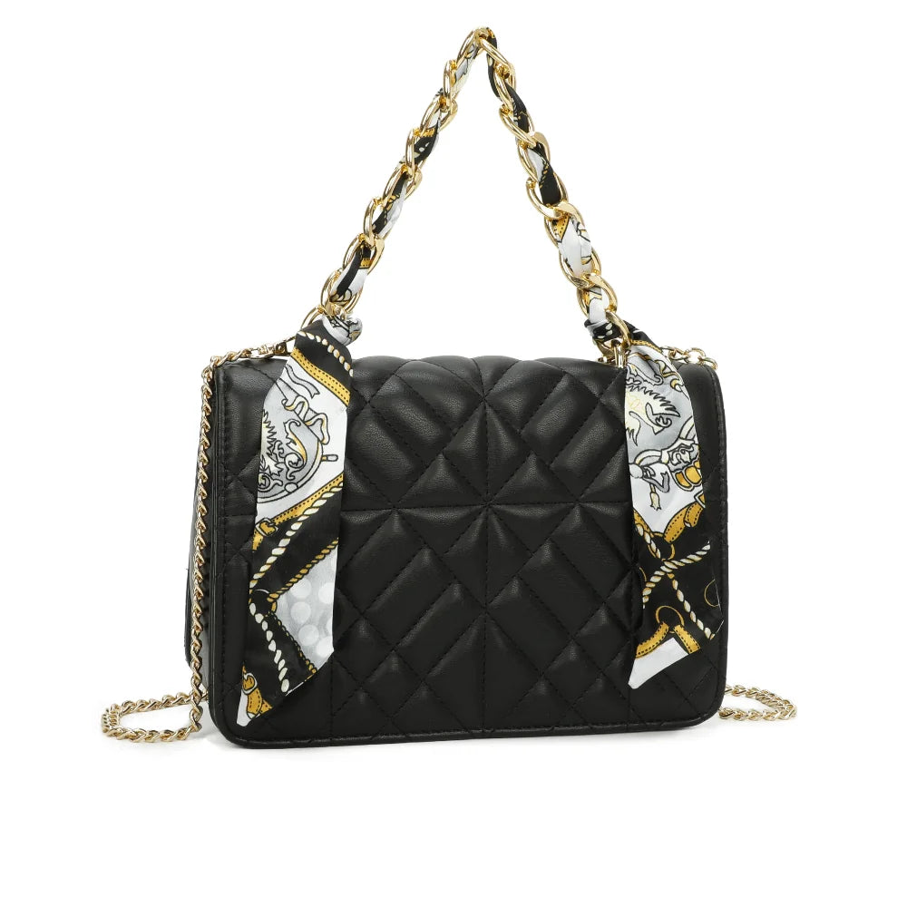 Quilted Éclat noir de trois-quarts : matelassage en losanges et étoiles, rabat et foulard imprimé – réf. C-0146