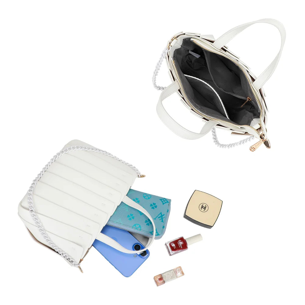 Intérieur zippé du Rayon d’Élégance blanc avec poches plaquées pour téléphone et cosmétiques – réf. A-9110