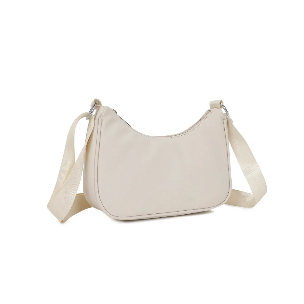 Redy beige vu de trois quarts : ligne demi-lune et bandoulière large en sangle – réf. R-1956