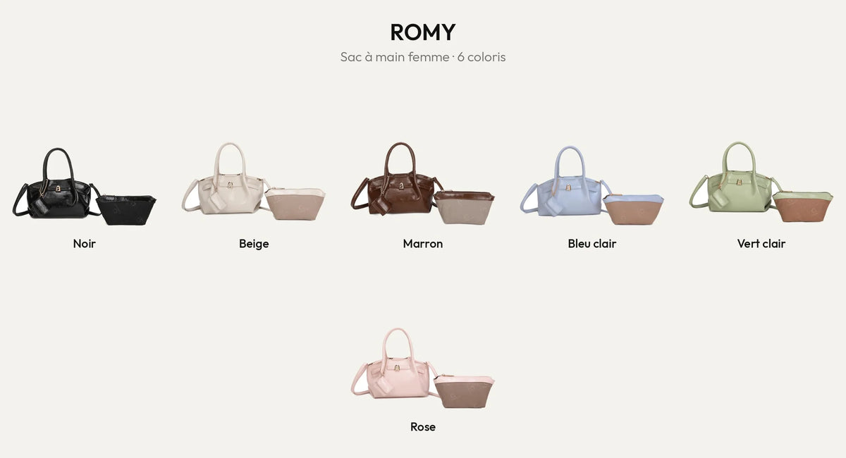 Sac à main femme Romy en six coloris : Noir, Beige, Marron, Bleu Clair, Vert clair et Rose – Gallantry Paris – réf. A-9156