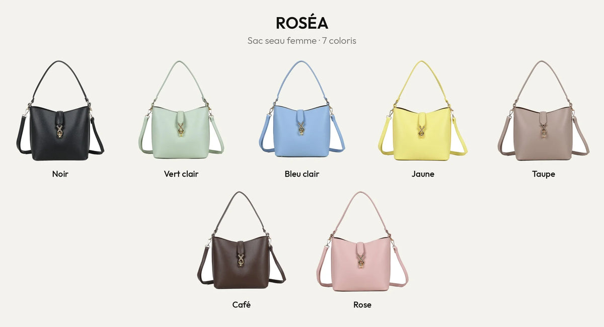 Sac seau Roséa en 7 coloris : noir, vert clair, bleu clair, jaune, taupe, coffee et rose – Gallantry Paris – réf. DQ-23005
