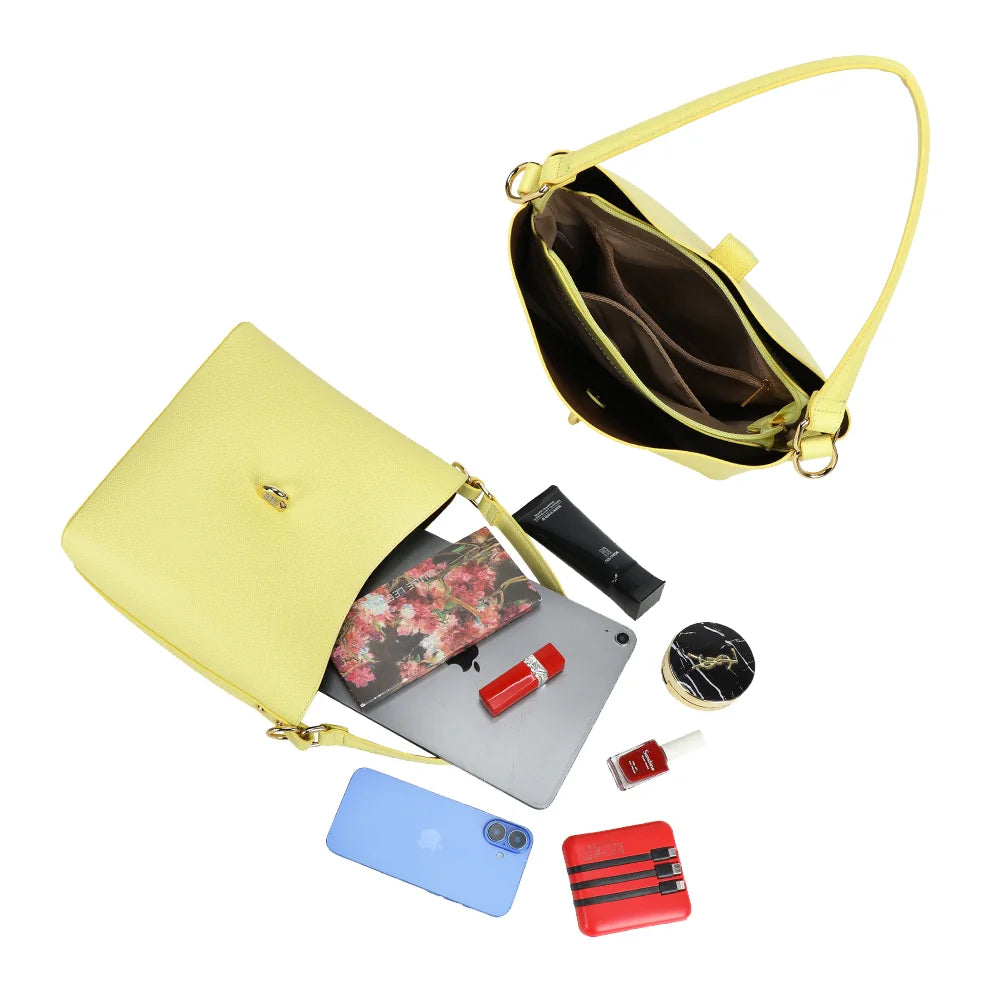 Intérieur du Roséa jaune : grand compartiment, poche zippée et poches plates – réf. DQ-23005