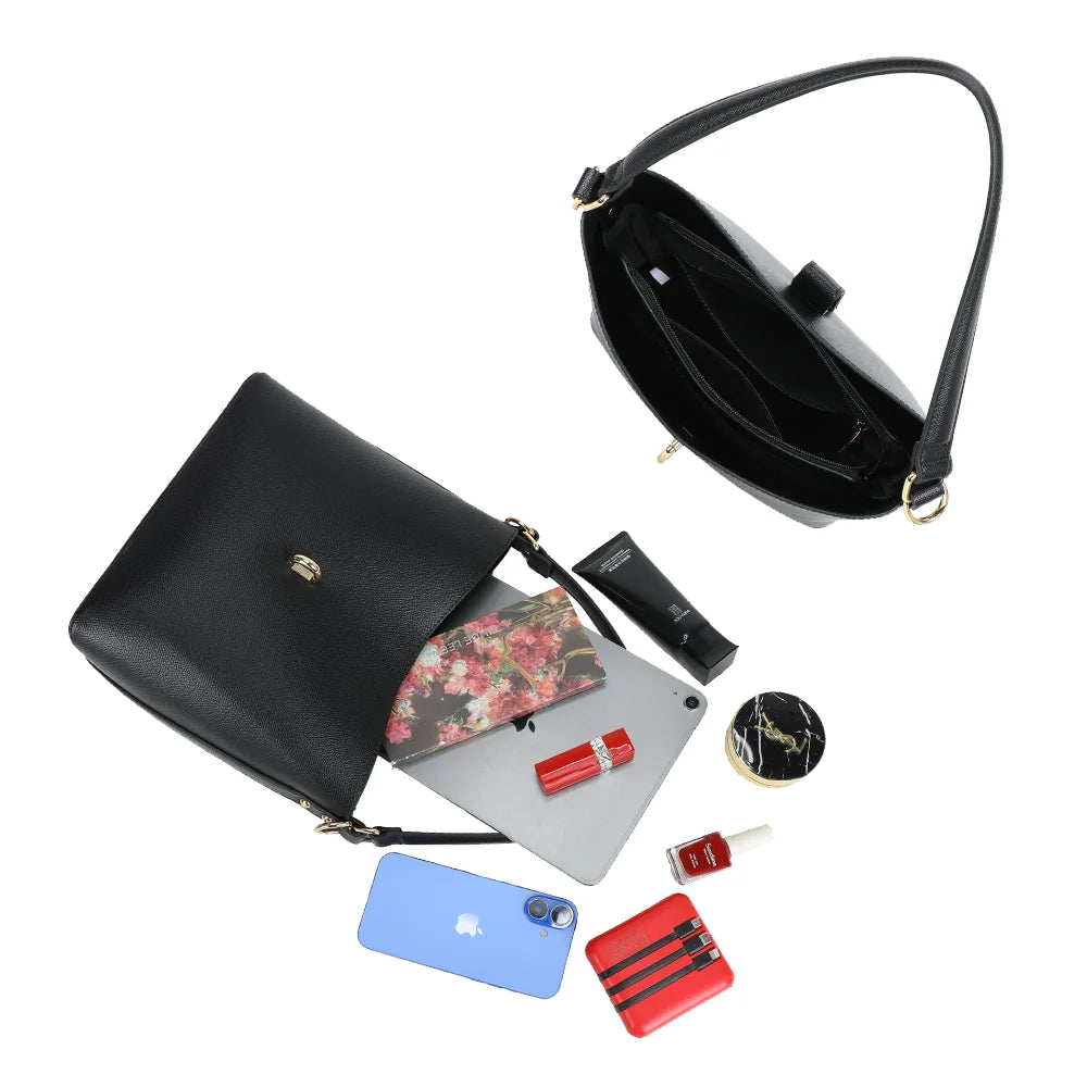 Intérieur du Roséa noir : grand compartiment, poche zippée et poches plates – réf. DQ-23005