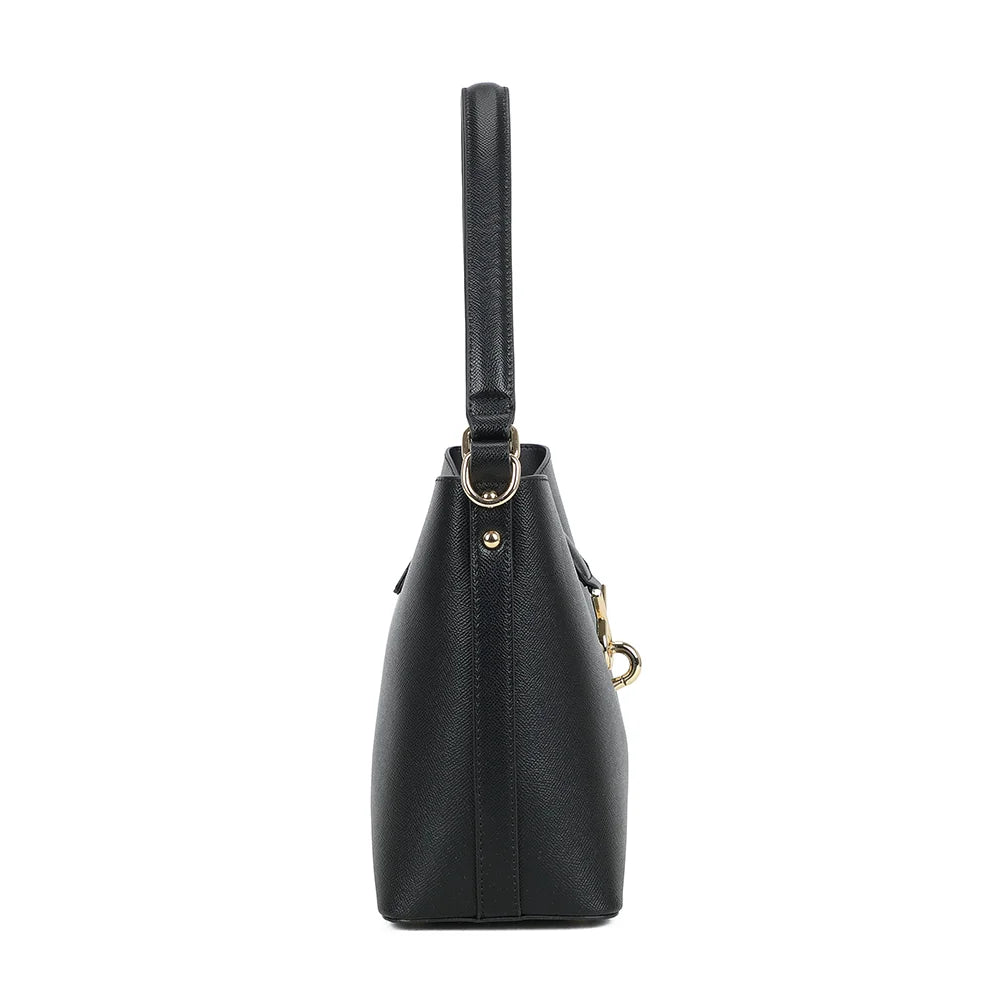 Profil du Roséa noir : 12 cm de profondeur et anneaux dorés pour la bandoulière – réf. DQ-23005
