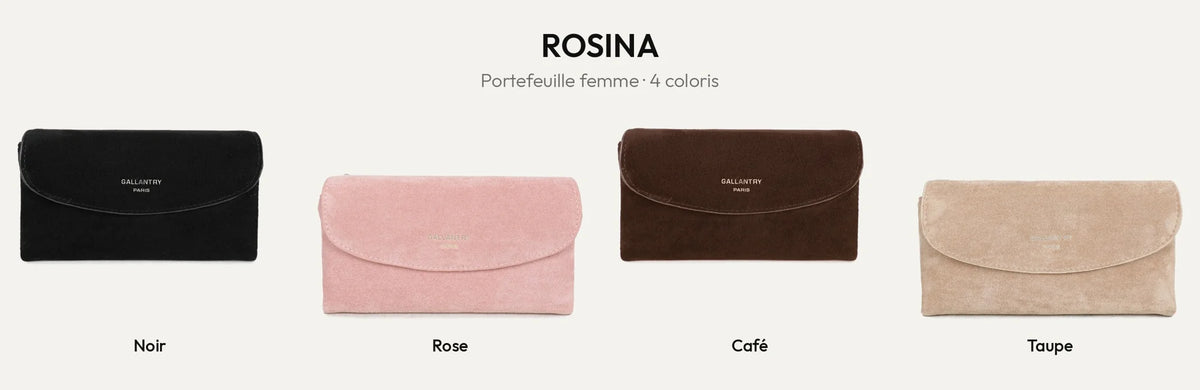 Portefeuille femme Rosina effet suédine en Noir, Rose, Coffee et Taupe – Gallantry Paris – réf. SF-69055-1