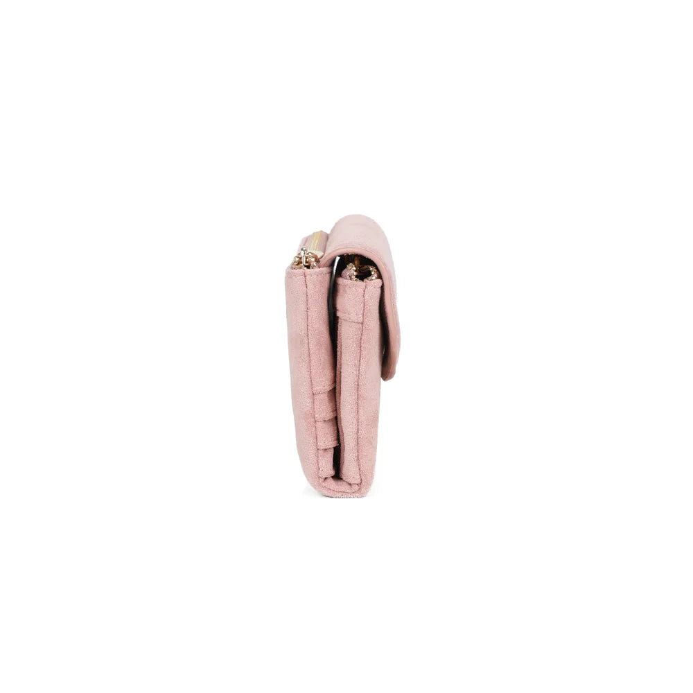 Profil du portefeuille Rosina rose : silhouette fine et fermeture éclair dorée visible sur le côté – réf. SF-69055-1