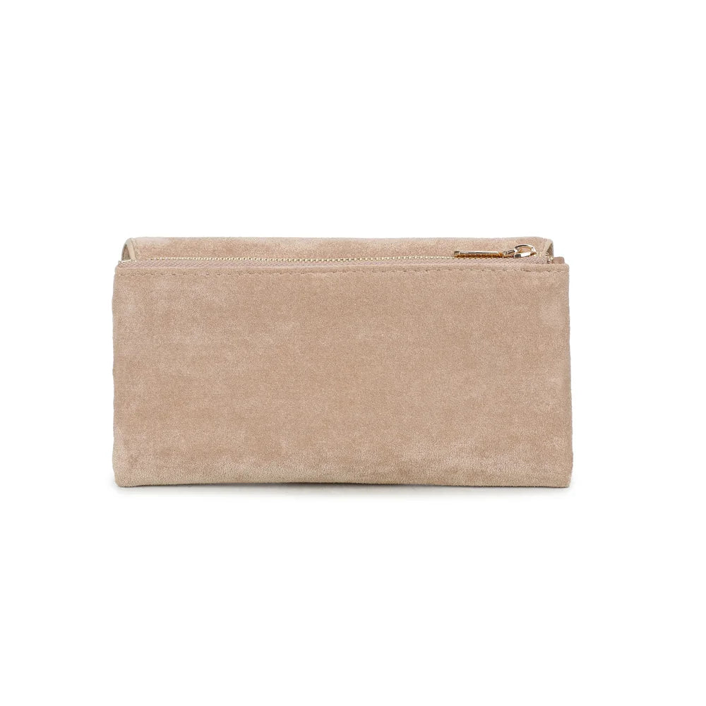 Dos du portefeuille Rosina taupe, surface lisse effet suédine au toucher doux et à l’allure sobre – réf. SF-69055-1