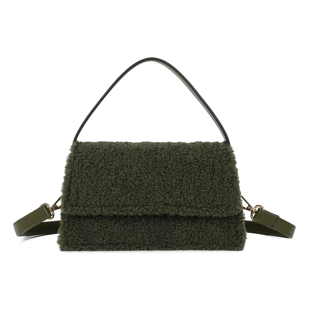 Sac à main femme Rosino-Fluffy kaki en peluche bouclée, avec rabat et anse courte – Gallantry Paris – réf. C-0167-4