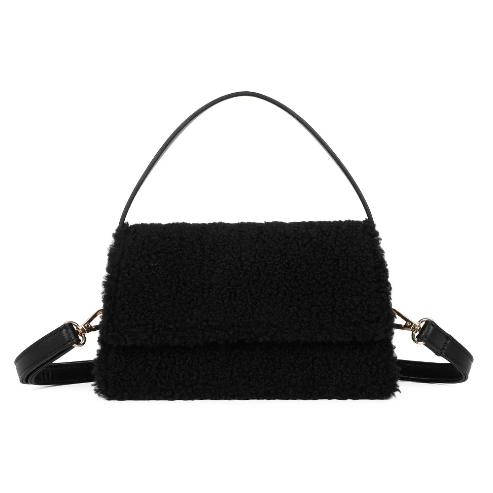 Sac à main femme Rosino-Fluffy noir en peluche bouclée, avec rabat et anse courte – Gallantry Paris – réf. C-0167-4