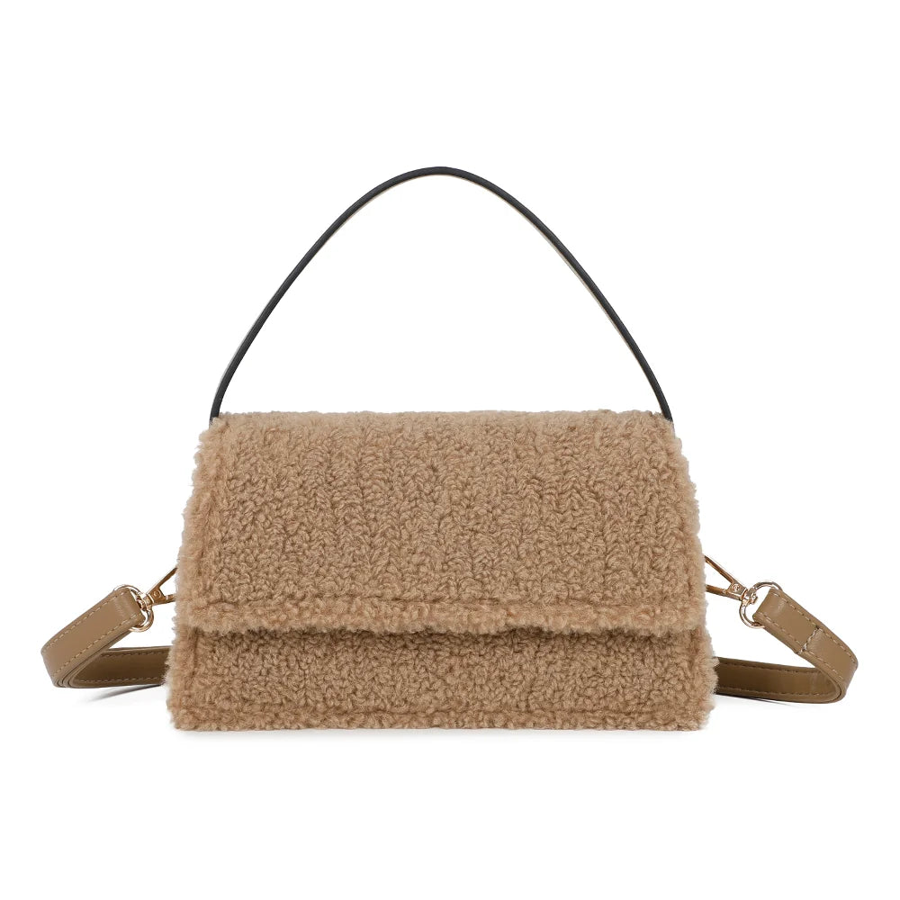 Sac à main femme Rosino-Fluffy taupe foncé en peluche bouclée, avec rabat et anse courte – Gallantry Paris – réf. C-0167-4