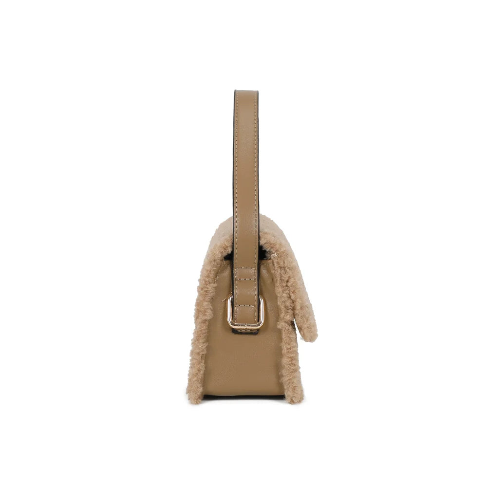 Profil du Rosino-Fluffy taupe foncé : côté en synthétique lisse et boucle dorée qui retient l’anse – réf. C-0167-4