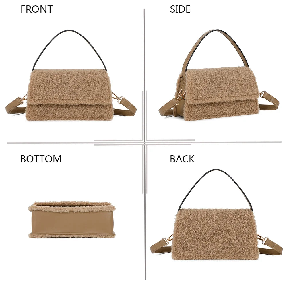 Le Rosino-Fluffy taupe foncé sous quatre angles : face, côté, dessous et dos de ce petit sac pelucheux – réf. C-0167-4
