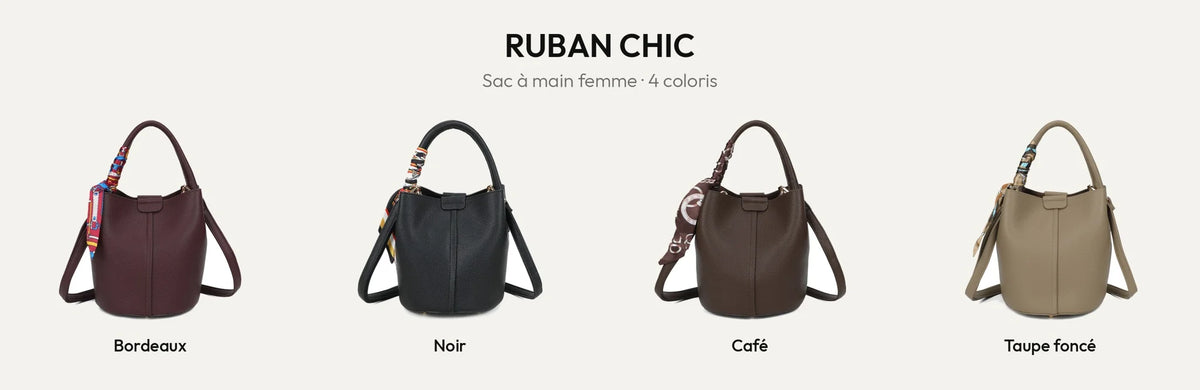 Sac à main seau Ruban Chic en simili cuir grainé, coloris Bordeaux, Noir, Coffee et Taupe foncé – Gallantry Paris – réf. KJ-62087
