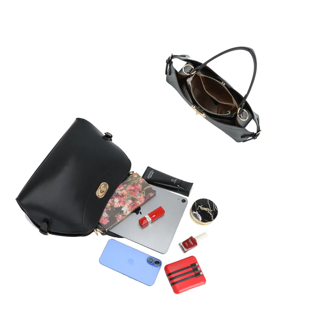Intérieur du Salomé noir : ouverture zippée et espace organisé pour les essentiels – réf. KC-23004