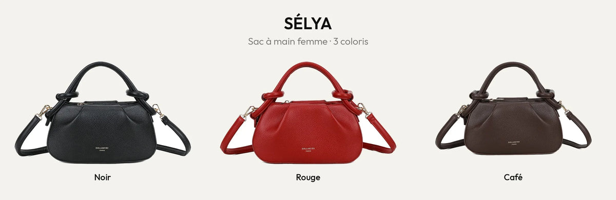 Sac à main femme Sélya en simili cuir grainé, coloris Noir, Rouge et Coffee – Gallantry Paris – réf. R-2043
