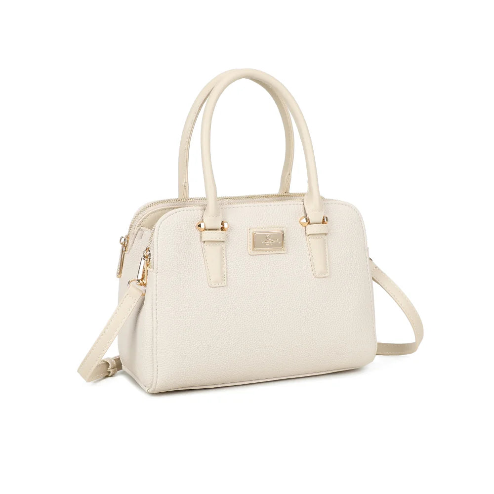 Séna beige vu de trois quarts : silhouette structurée et double fermeture éclair dorée – réf. DG-5804